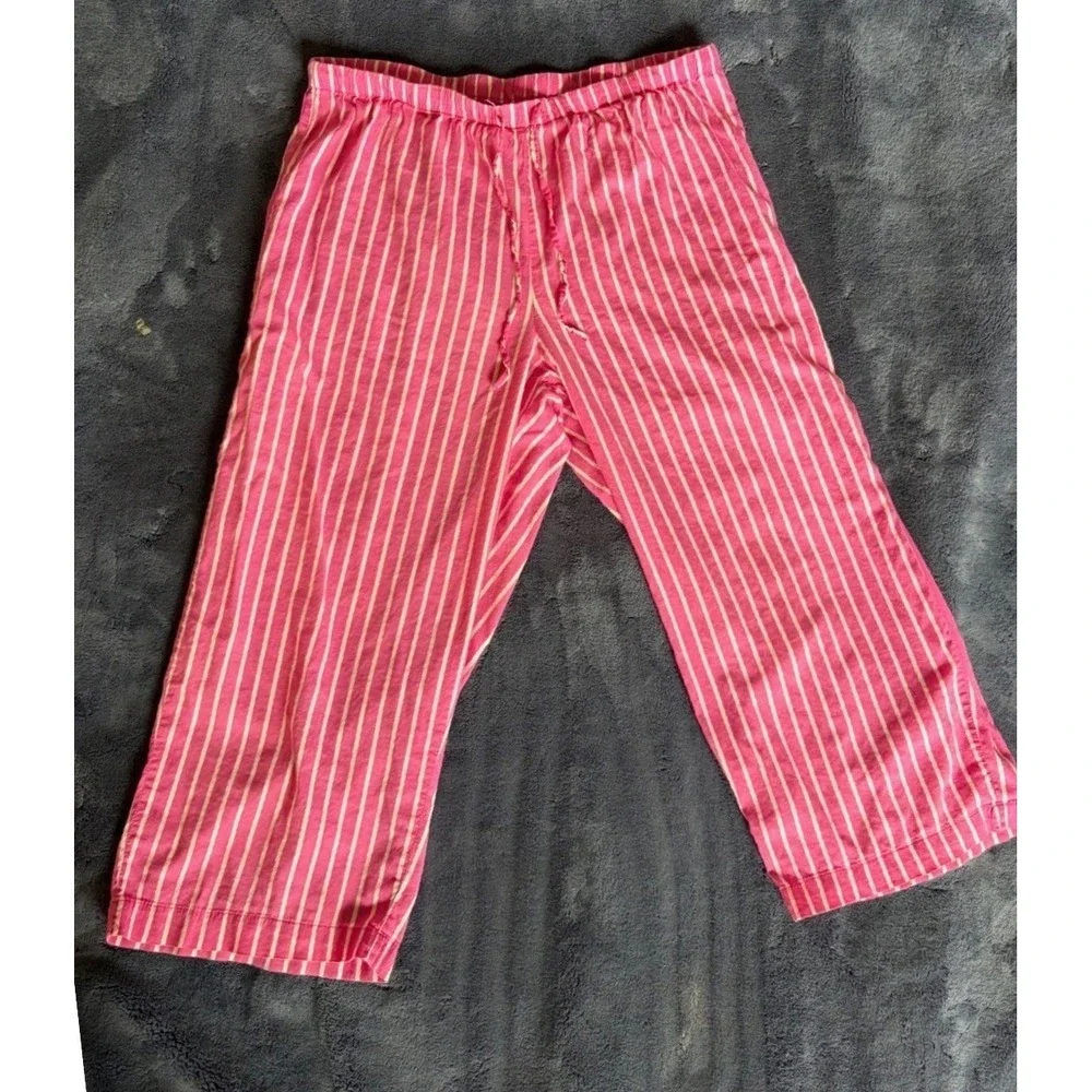 Lauren Ralph Lauren Pink White Striped Pajama Set L Button Down Crop Pants